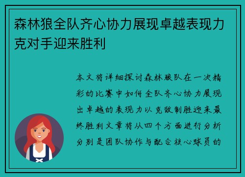 森林狼全队齐心协力展现卓越表现力克对手迎来胜利