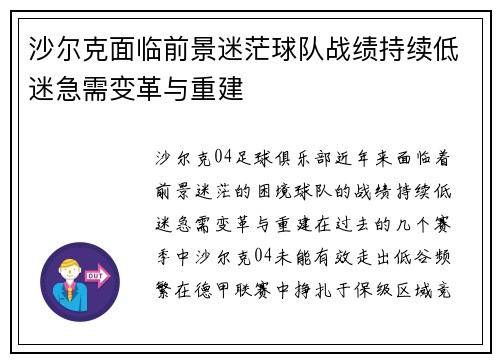 沙尔克面临前景迷茫球队战绩持续低迷急需变革与重建